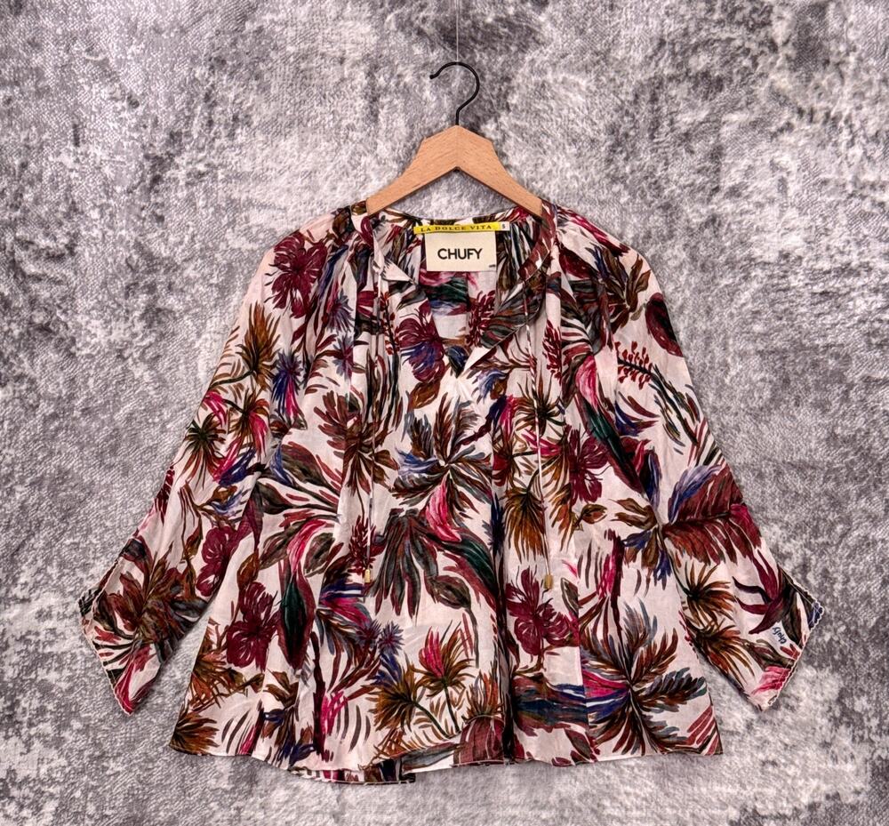 CHUFY Top Small Womens Floral Silk Long Sleeve Pop Over Blouse